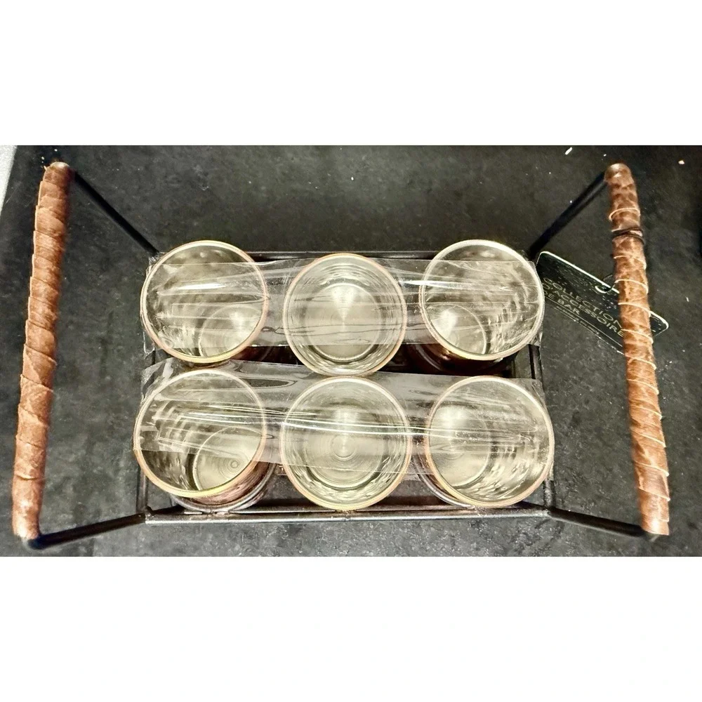 6 Shot Glasses Copper Hammered Vintage With Wooden Caddy and Wooden Handle
